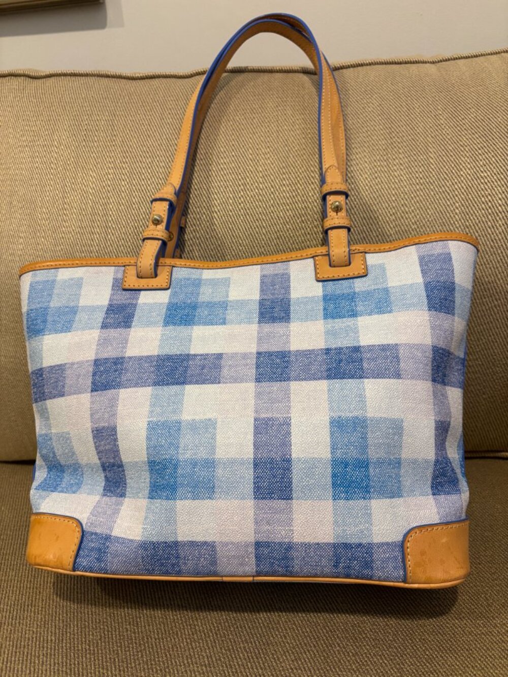 Dooney & Bourke Quadretto Small Leisure Shopper Blue Check Coated Cotton - Picture 3 of 8